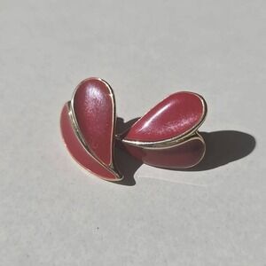 Vintage Enamel Heart Stud Earrings Women's Red Gold Tone Layered Leaf